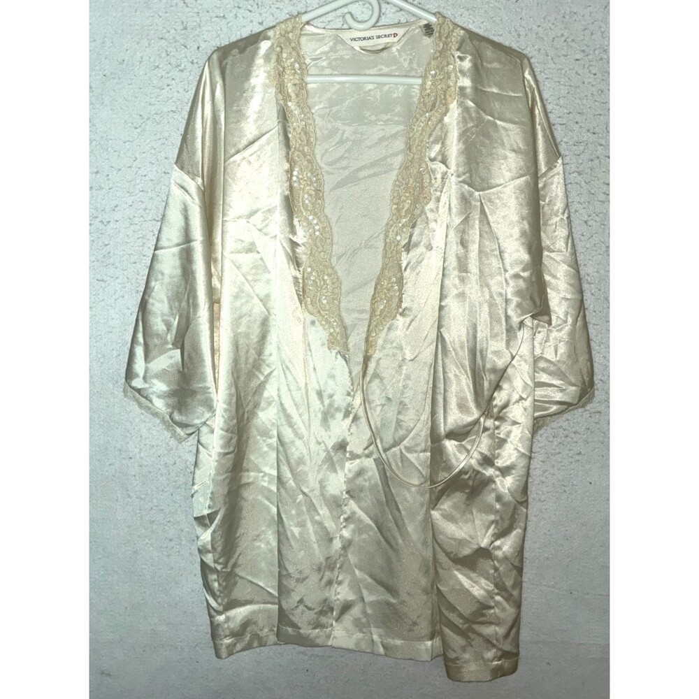 VINTAGE Victoria Secret robe One Size Ivory Satin Lace Bling Sequin Pearl